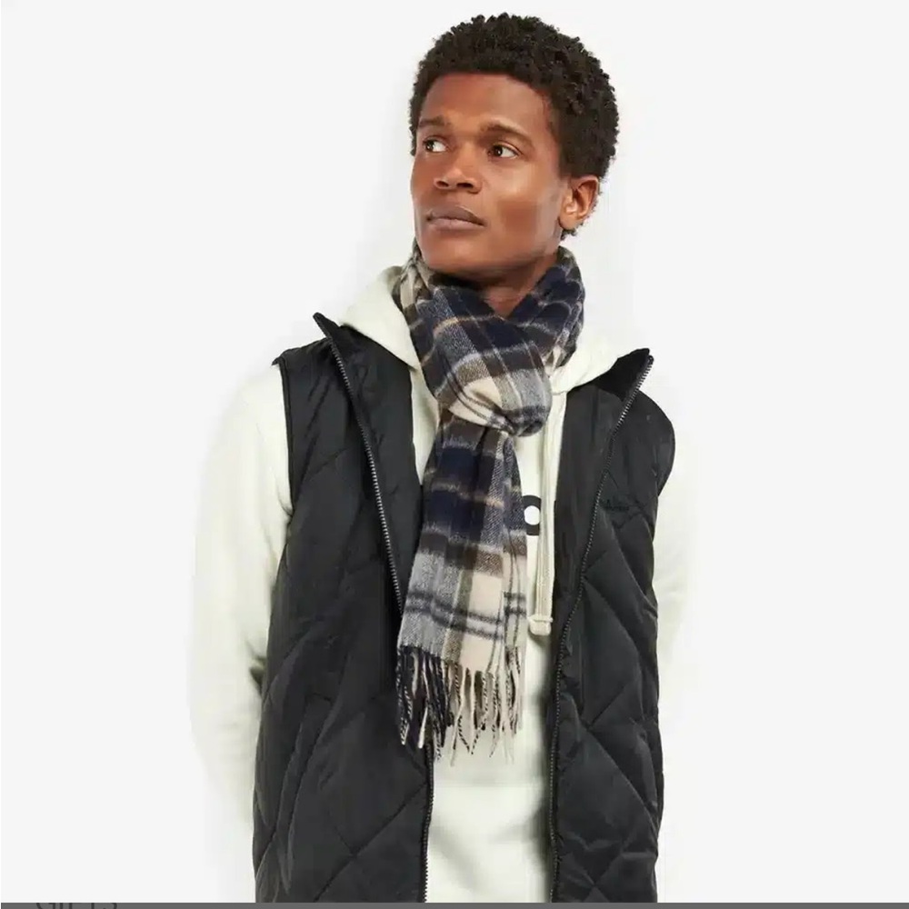 Barbour wool cashmere tartan scarf navy brown cream